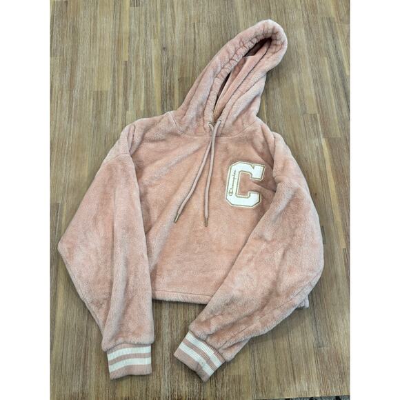 Velour Crop Hoodie Sweatshirt Blush Pink Champion Women M - Picture 2 of 8